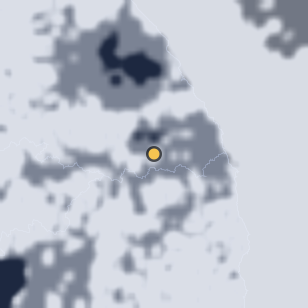 오투전망대 주변 약 150km의 01:08 위성 구름 - 흰색이 구름, 가운데 노란 점이 관측지