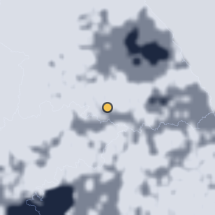영월 별마로천문대 주변 약 150km의 01:08 위성 구름 - 흰색이 구름, 가운데 노란 점이 관측지
