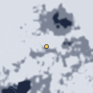 영월 동강오토캠핑장 주변 약 150km의 01:08 위성 구름 - 흰색이 구름, 가운데 노란 점이 관측지