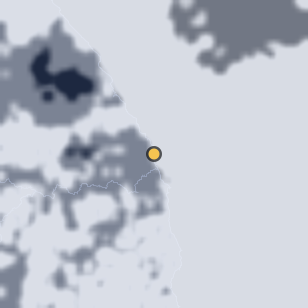 삼척 임원항 방파제 주변 약 150km의 01:08 위성 구름 - 흰색이 구름, 가운데 노란 점이 관측지