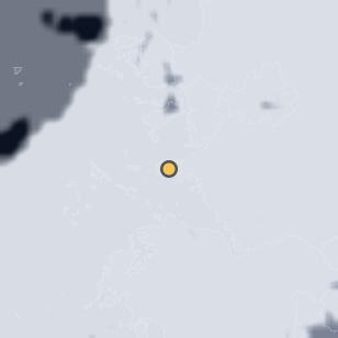 영흥도 하늘고래전망대 주변 약 150km의 01:08 위성 구름 - 흰색이 구름, 가운데 노란 점이 관측지