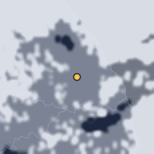정선 문치재 주변 약 150km의 00:28 위성 구름 - 흰색이 구름, 가운데 노란 점이 관측지