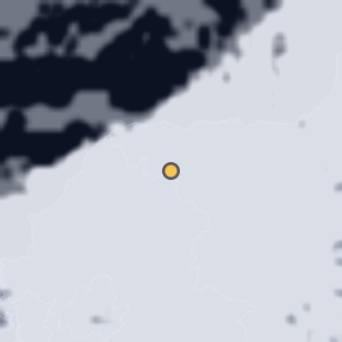 화천 조경철천문대(광덕산) 주변 약 150km의 01:08 위성 구름 - 흰색이 구름, 가운데 노란 점이 관측지